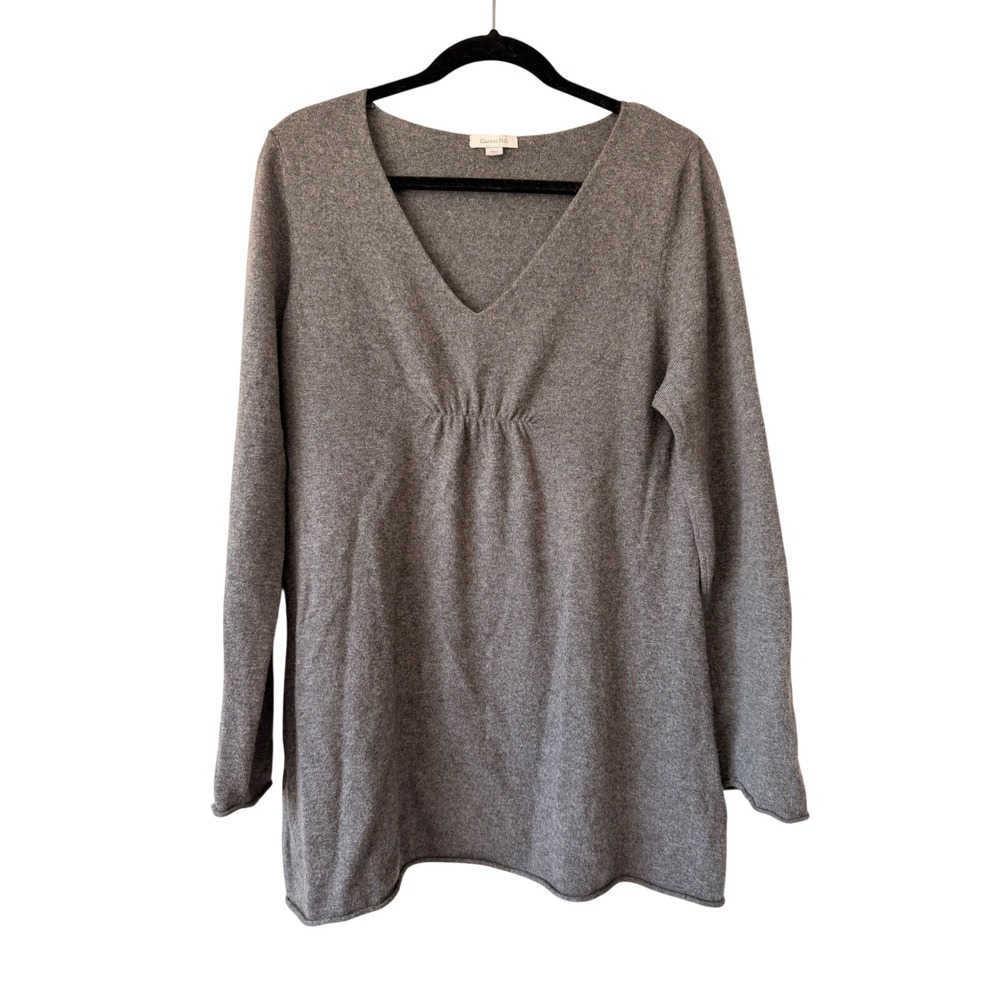 100% Cashmere V-Neck Ruched Tunic Sweater Heather Gray Large